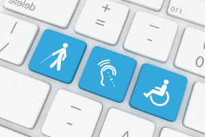 白色键盘与三个蓝色按钮与轮椅标志的图标, 有声波的耳朵可以复制助听器, 还有一个拄着拐杖走路的人.